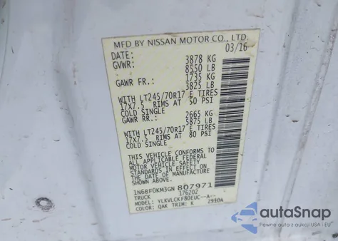 2016 Nissan Nv Cargo Nv1500 S V6 z USA, uszkodzony, nr VIN 1N6BF0KM3GN807971